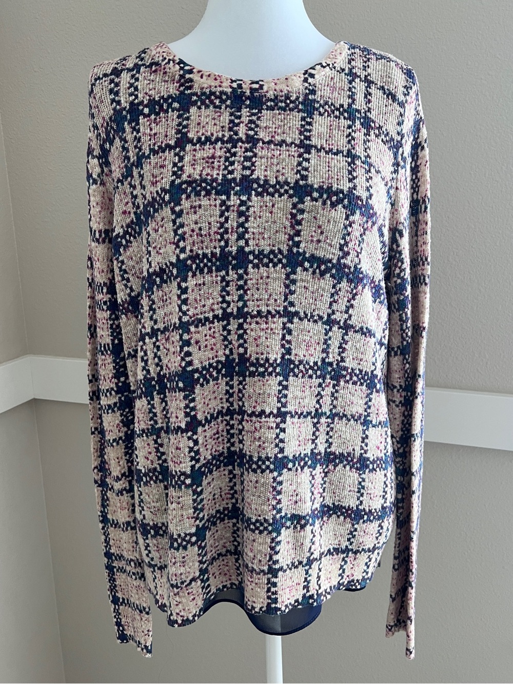 Lucky Brand Plaid Layered Split Back Chiffon Sweater - Medium